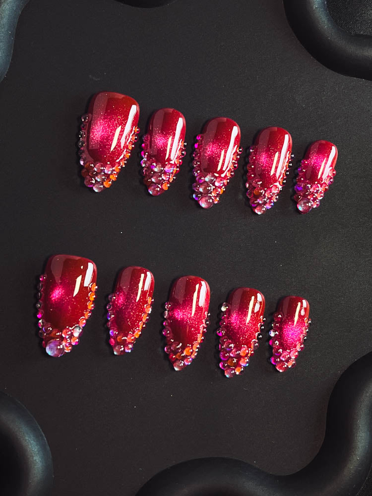 Berry Rhinestones French Tip Handmade Almond  Nails XZ1037 - NoirNail