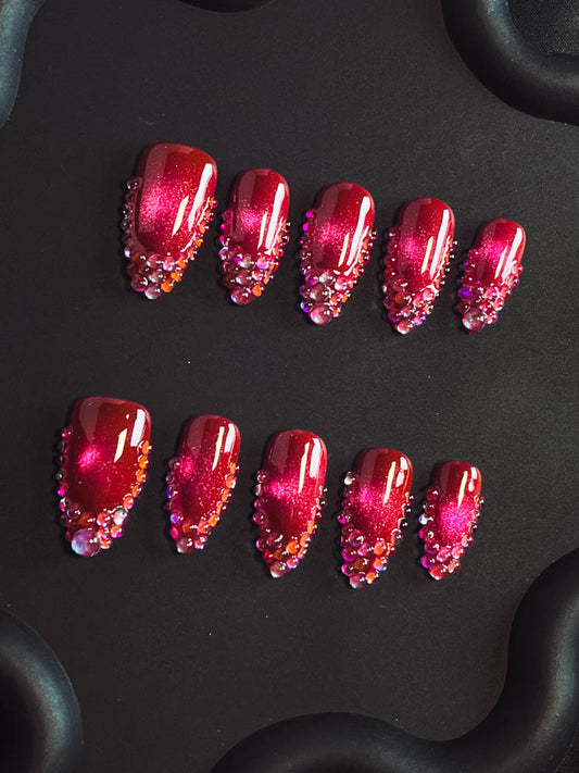 Berry Rhinestones French Tip Handmade Almond  Nails XZ1037 - NoirNail