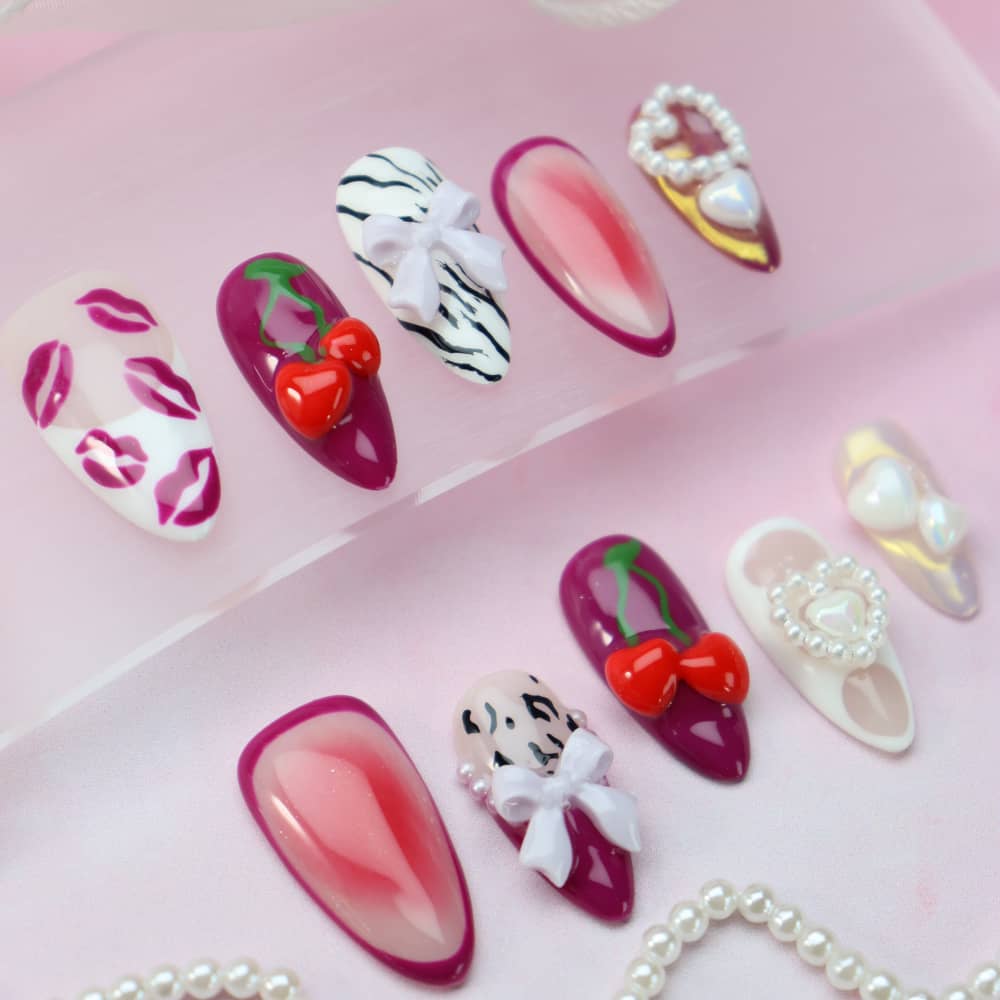 3D Cherry Lady Valentine's Day Handmade Almond Press On Nails A1170