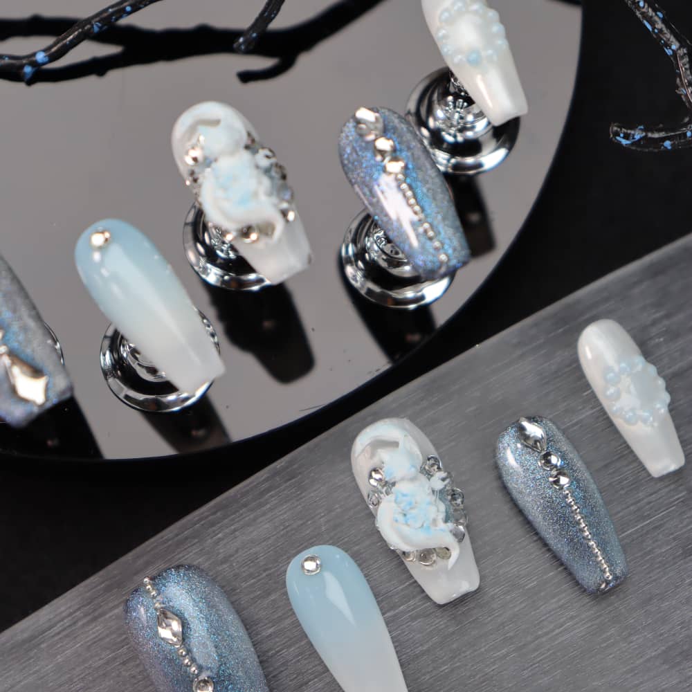 Ancient Tree White Fox Handmade Almond Press On Nails A1087