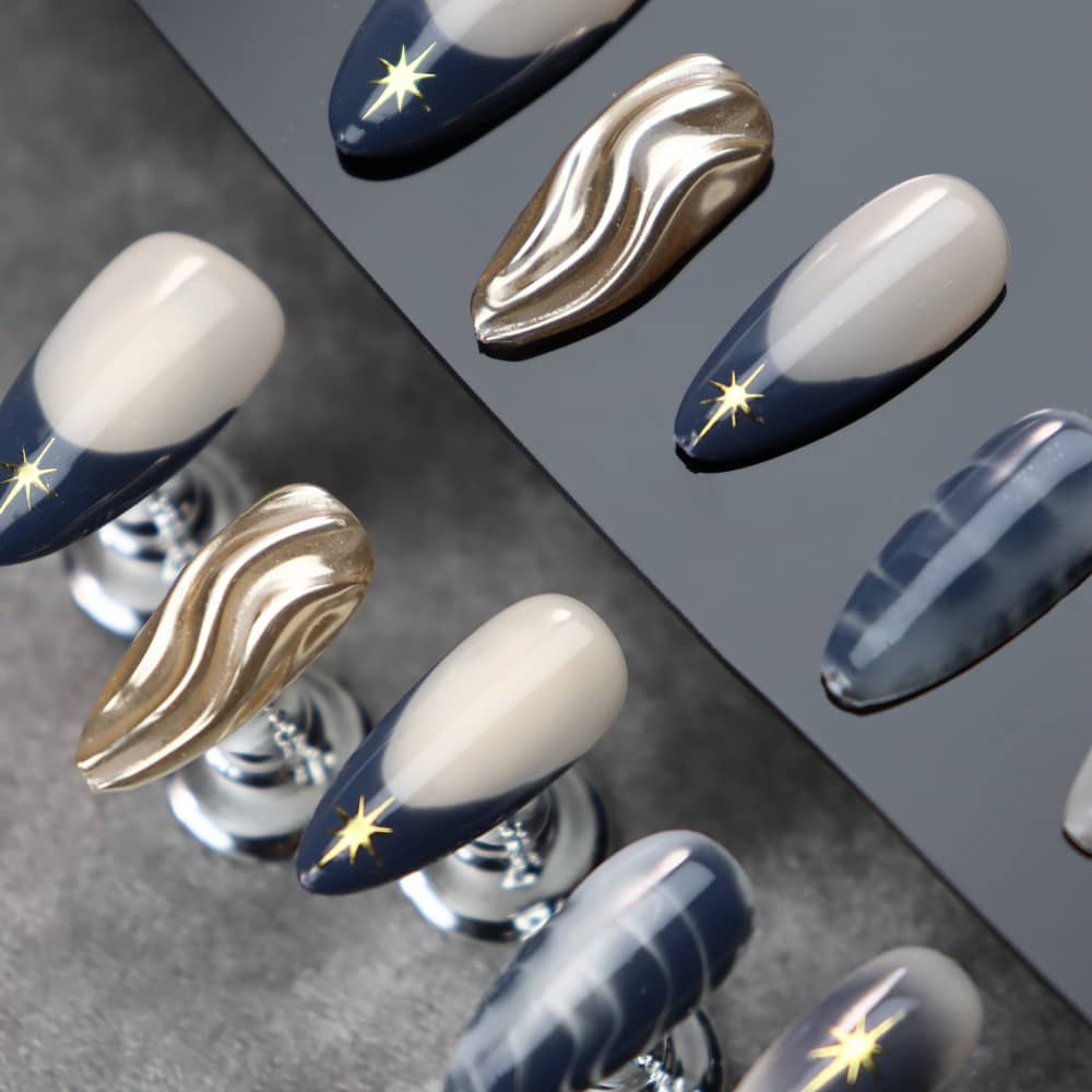 Star Stories Navy Y2K French Tip Handmade Almond Press on Nails A889