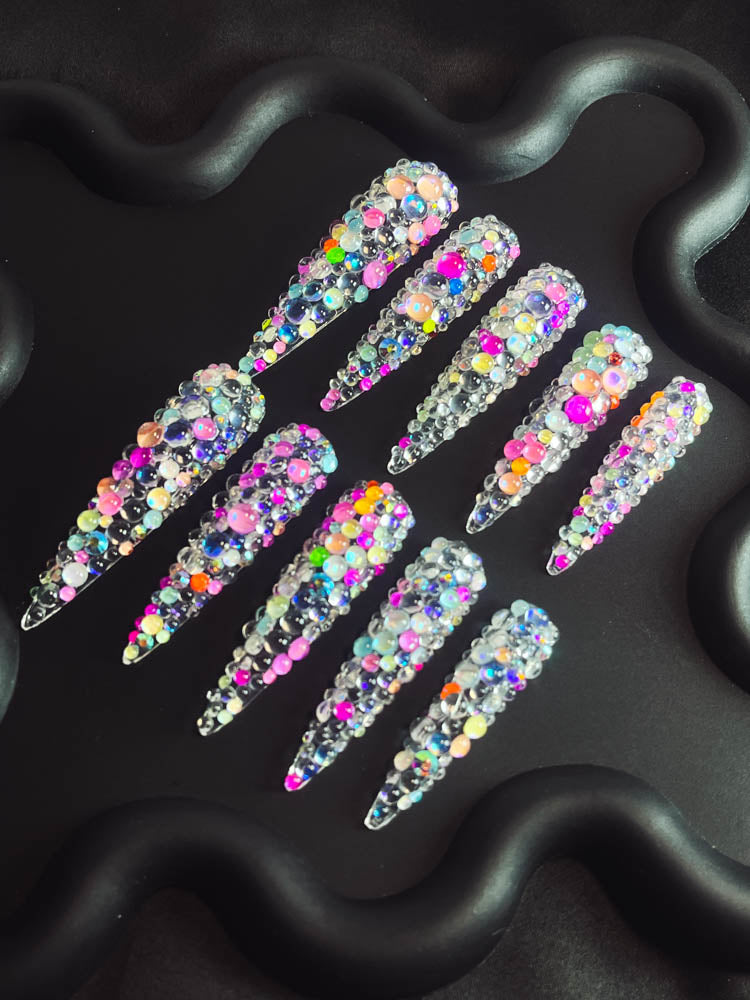 Silver Popping Candy Rhinestone Handmade Stiletto  Nails MM1001 - NoirNail
