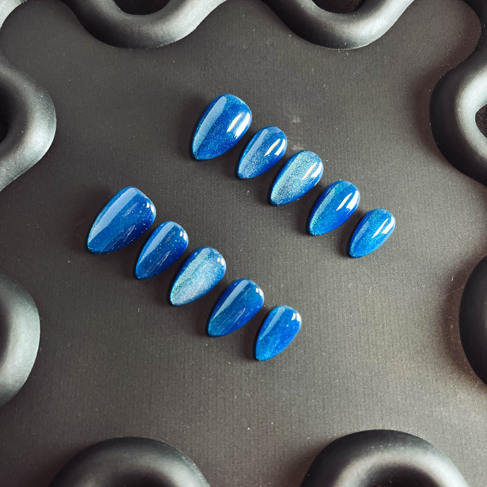 Ocean Blue Cat Eyes Gel Nail Handmade Almond Press-ons Nail MQ1010 - NoirNail