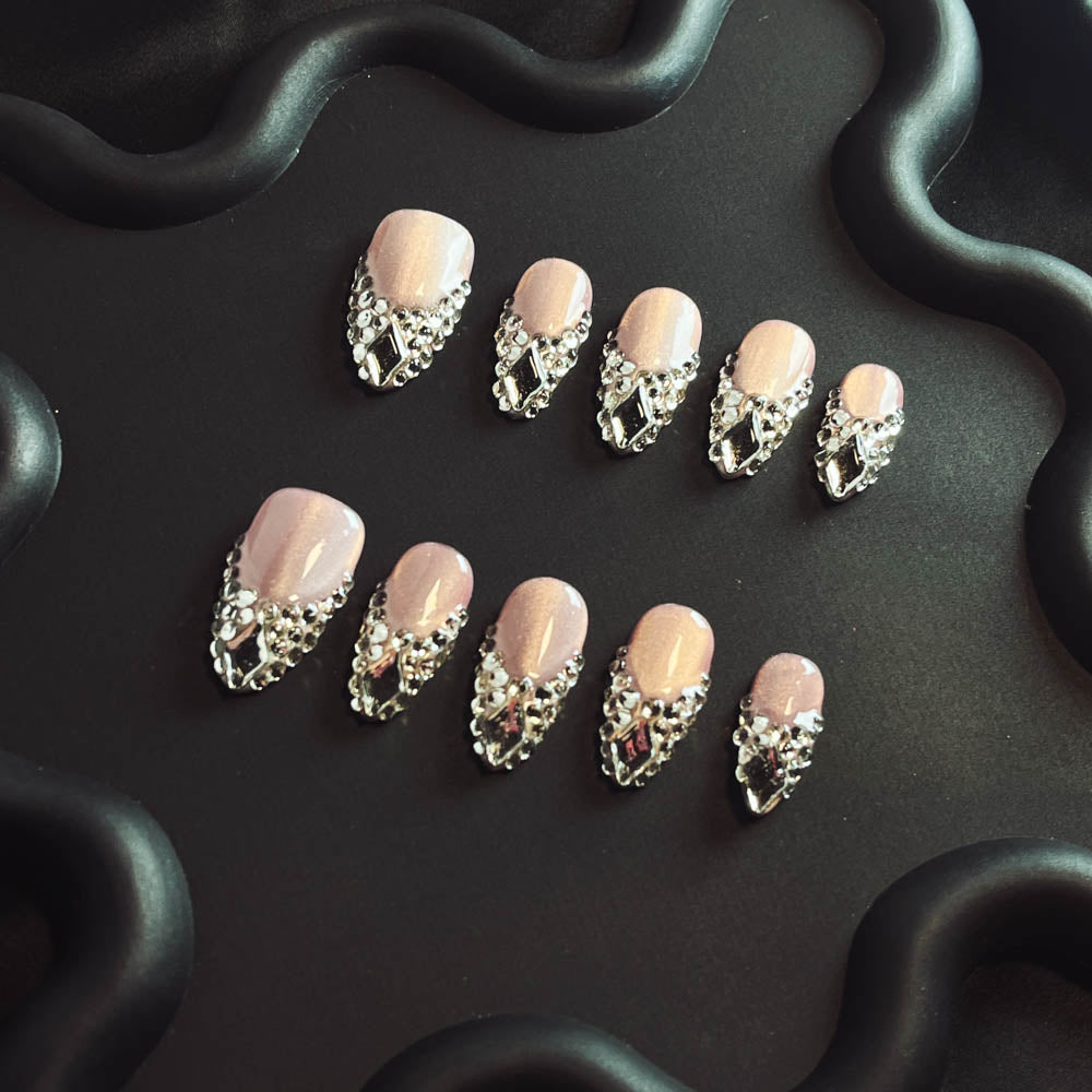 Silver Rhinestone French Tip Handmade Almond  Nails XZ1008 - NoirNail