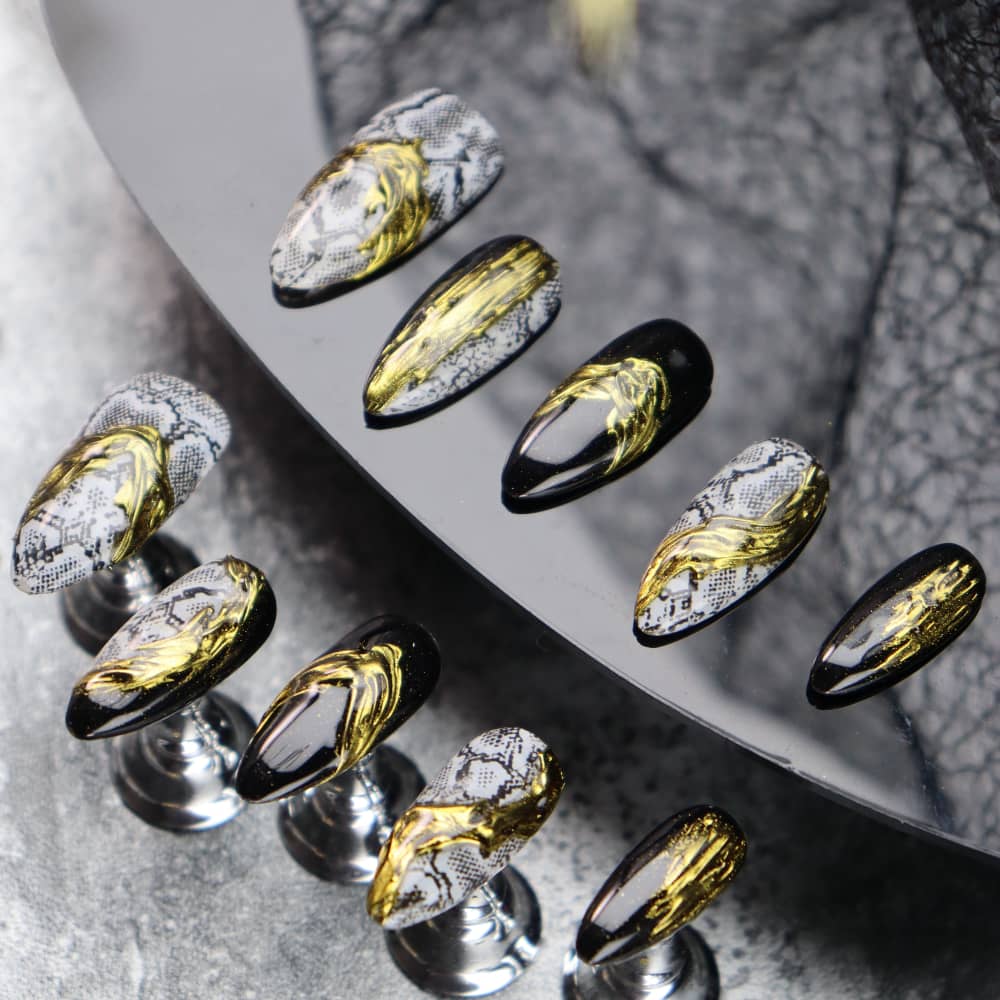 Gilded Python Pattern Handmade Almond Press on Nails A1151