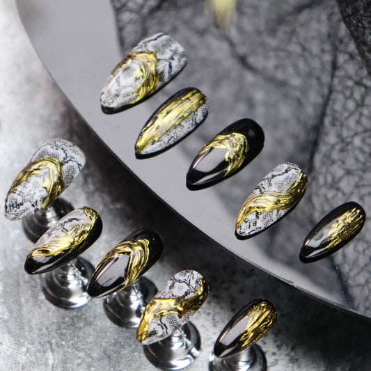 Gilded Python Pattern Handmade Almond Press on Nails A1151