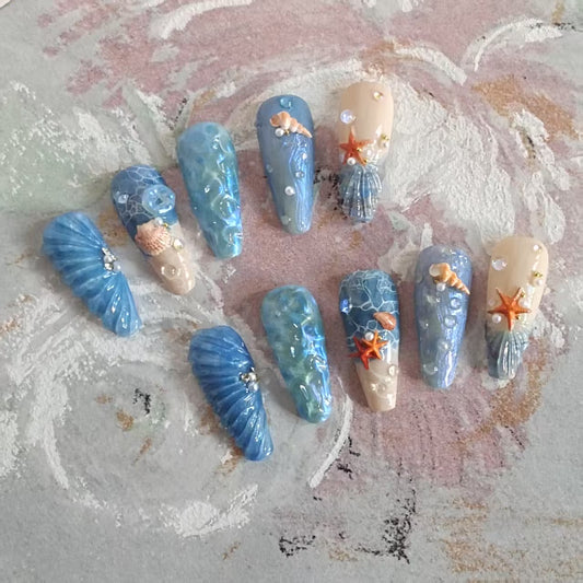 Starfish Handmade Coffin French Tip Press On Nails