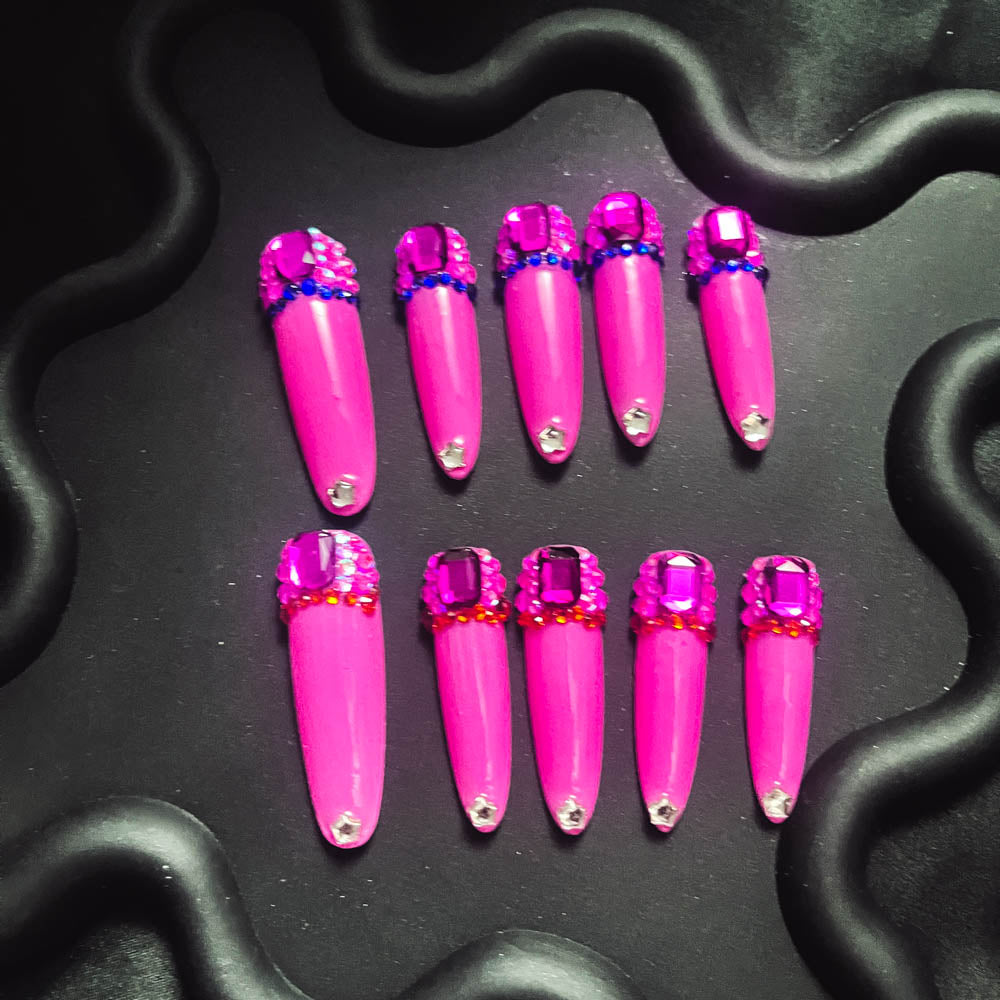 Pink Universe Rhinestone Handmade  Stiletto Nails OM1186 - NoirNail