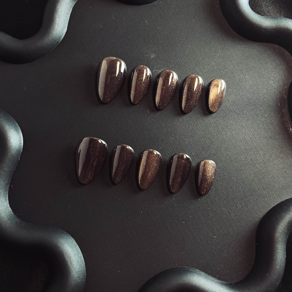 Coffee Cat Eyes Gel Nail Handmade Almond Press-ons Nail MQ1005 - NoirNail