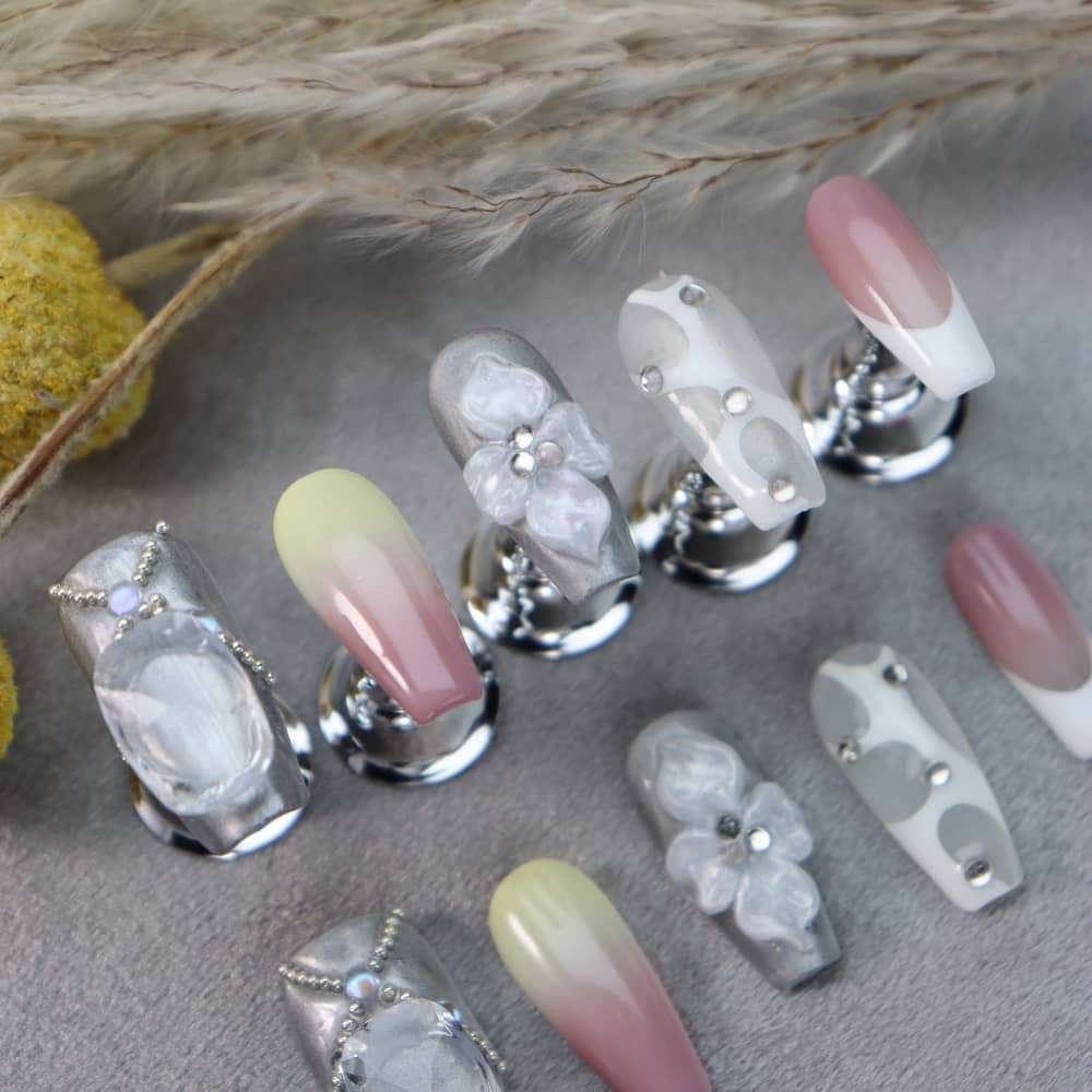 Happy wedding Rhinestones Handmade Coffin Press On Nails A1082