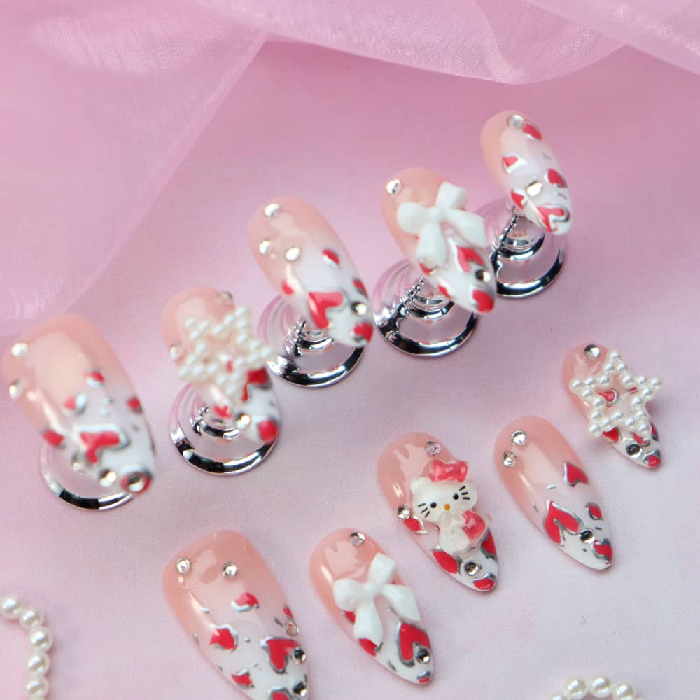 Heart Shape Deep French Hello Kitty Handmade Almond Press On Nails A965