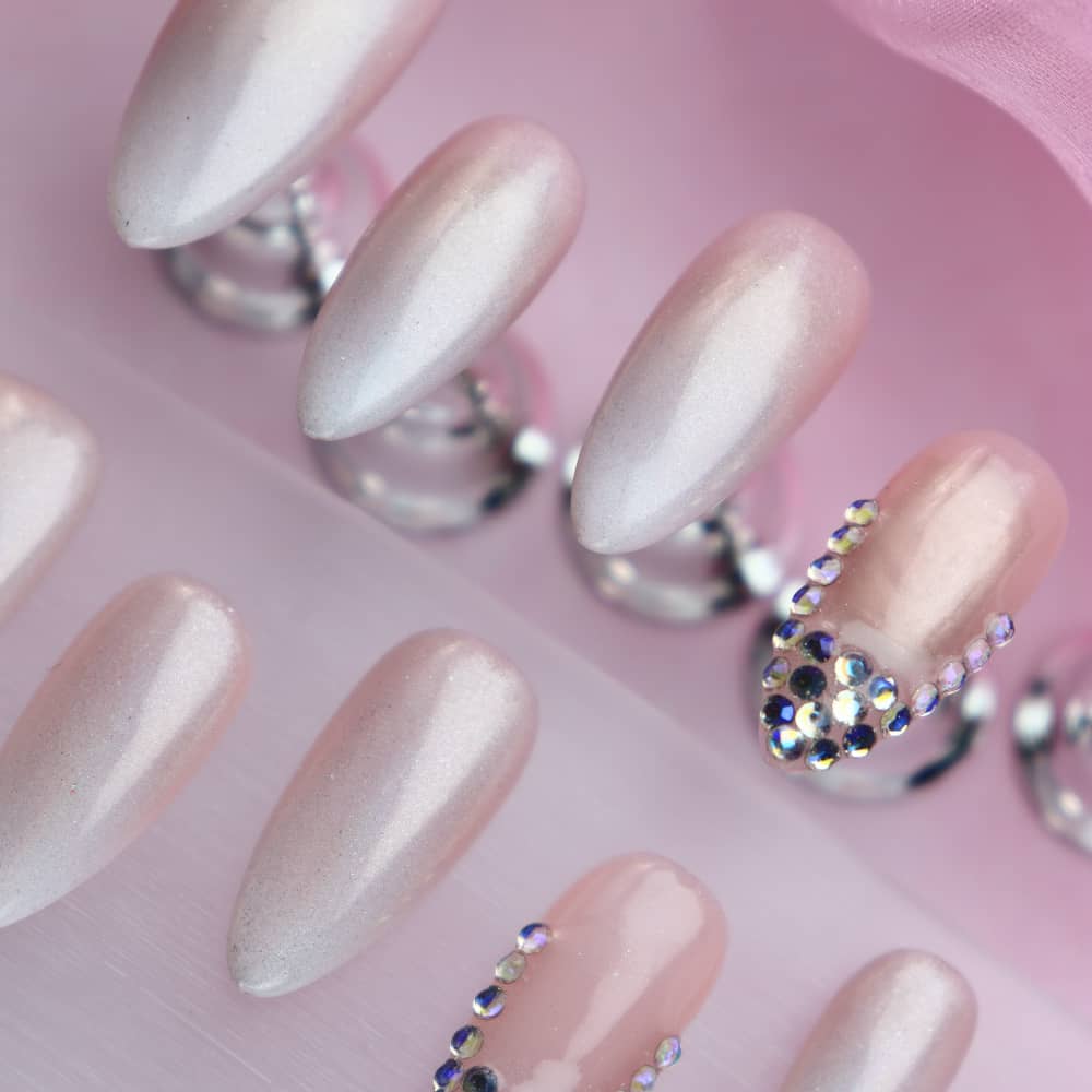 Cherry blossoms Rhinestones Clean French Handmade Almond Press On Nails A1175