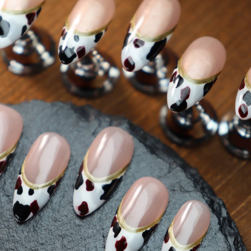 Maillard Cow Pattern French Point Handmade Almond Press on Nails A1179