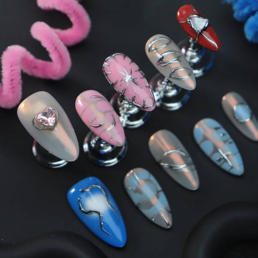 Pink Cyberpunk Y2K Handmade Almond Press On Nails A1328