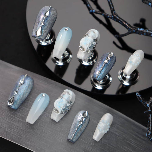 Ancient Tree White Fox Handmade Almond Press On Nails A1087