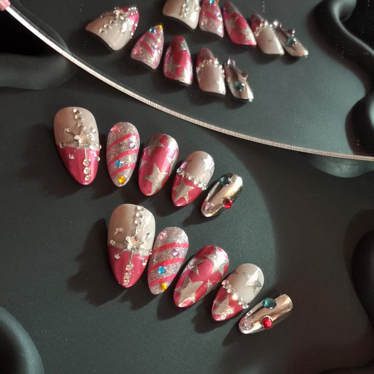 Pink Striped Stars Handmade Almond Press on Nails