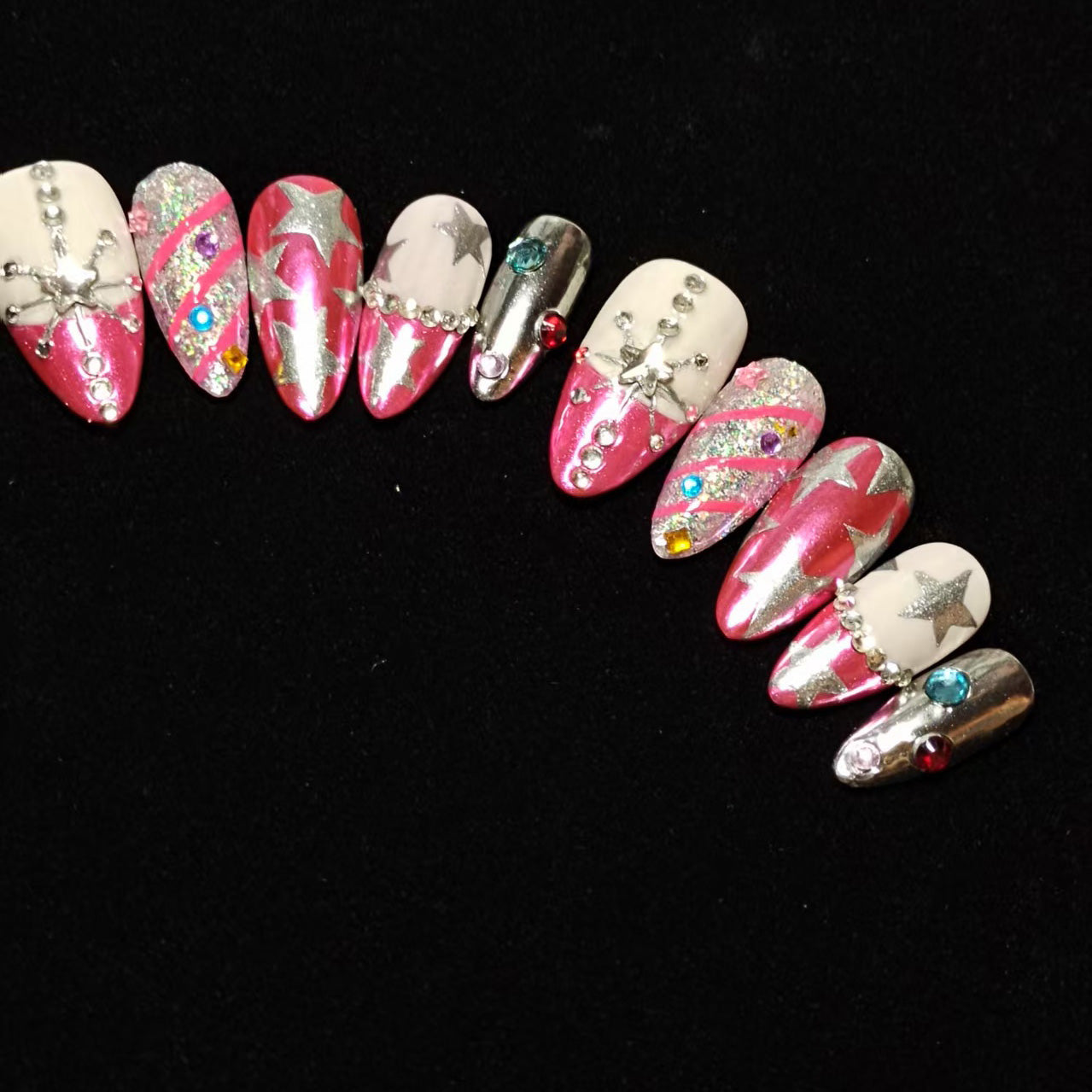 Pink Striped Stars Handmade Almond Press on Nails