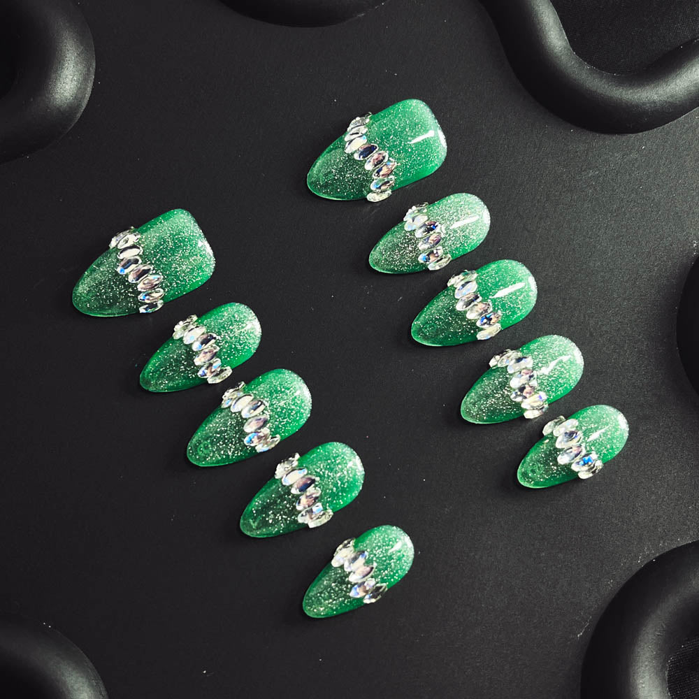 Green Crystal Shoes Handmade Almond  Nails X1121 - NoirNail