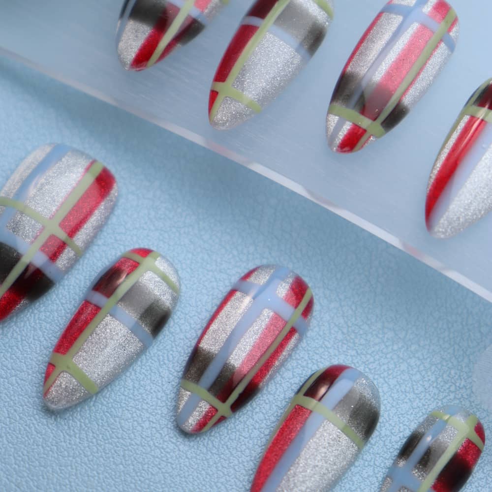 Miss CoCo Plaid Skirt Handmade Almond Press On Nails A1152