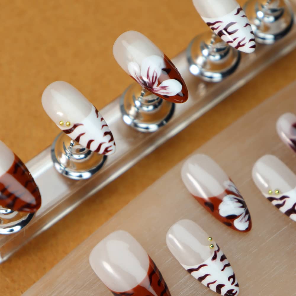Maillard Zebra Print French Tip Handmade Almond Press On Nails A1077