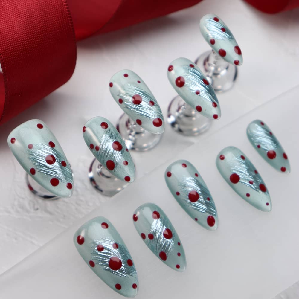 Fresh Mint Polka Dot Skirt Handmade Almond Press on Nails A1211