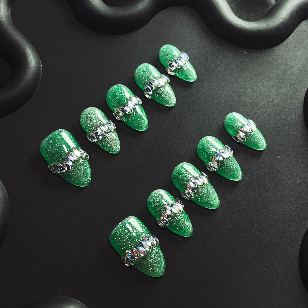 Green Crystal Shoes Handmade Almond  Nails X1121 - NoirNail