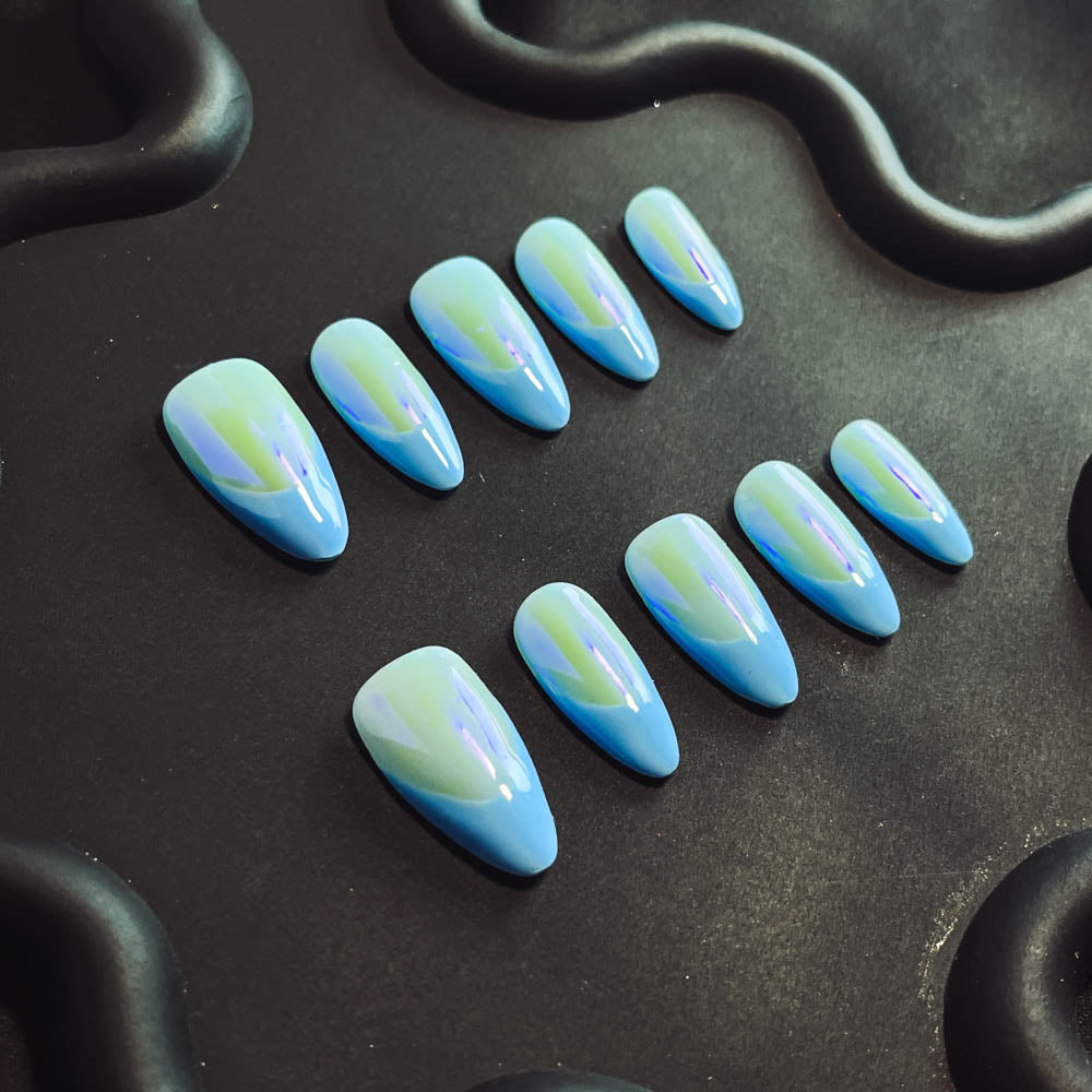 Blue Aurora French Tip Handmade Almond  Nails X1014 - NoirNail