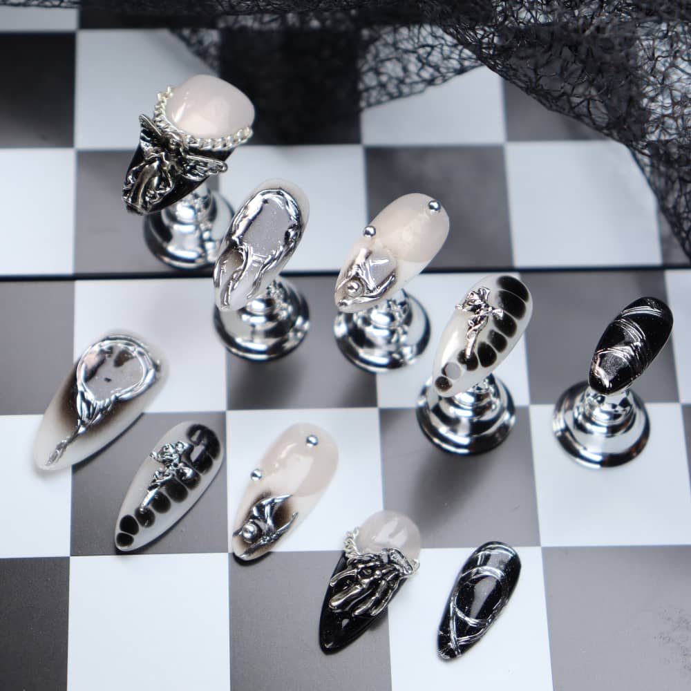 Vintage Chrome Hearts Handmade Almond Press On Nails A1220