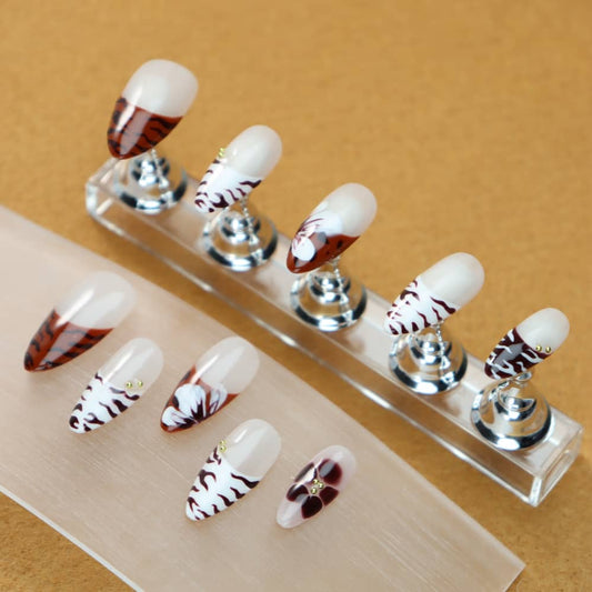 3D Lily Zebra print French tip Handmade Almond Press On Nails A1088