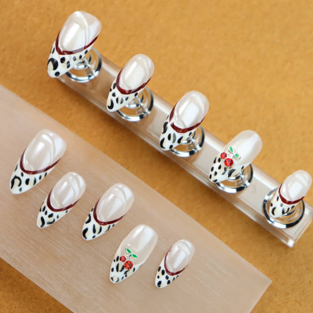 French Cherry Cheetah Cub Handmade Almond Press On Nails A1071