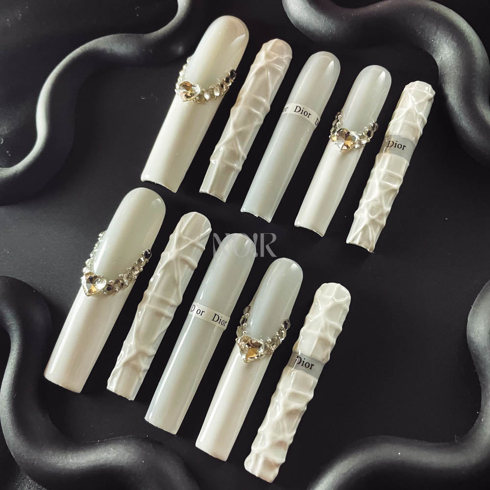 White Sweater  Rhinestone Handmade  Square  Nails OM1058 - NoirNail