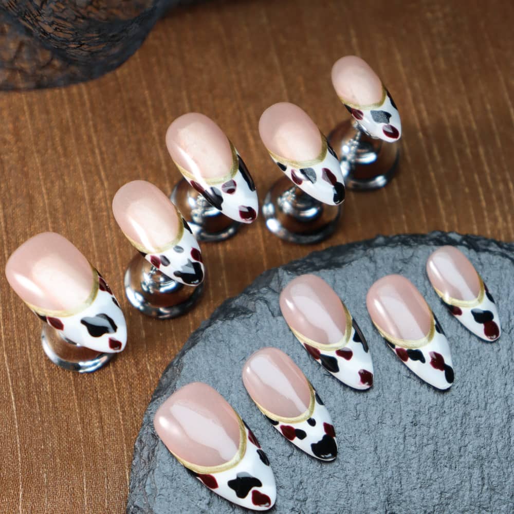 Maillard Cow Pattern French Point Handmade Almond Press on Nails A1179