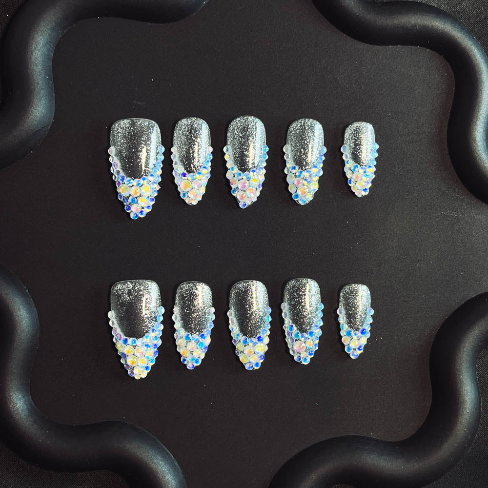 Aurora Blue Rhinestone French tip Handmade Almond  Nails XZ1013 - NoirNail