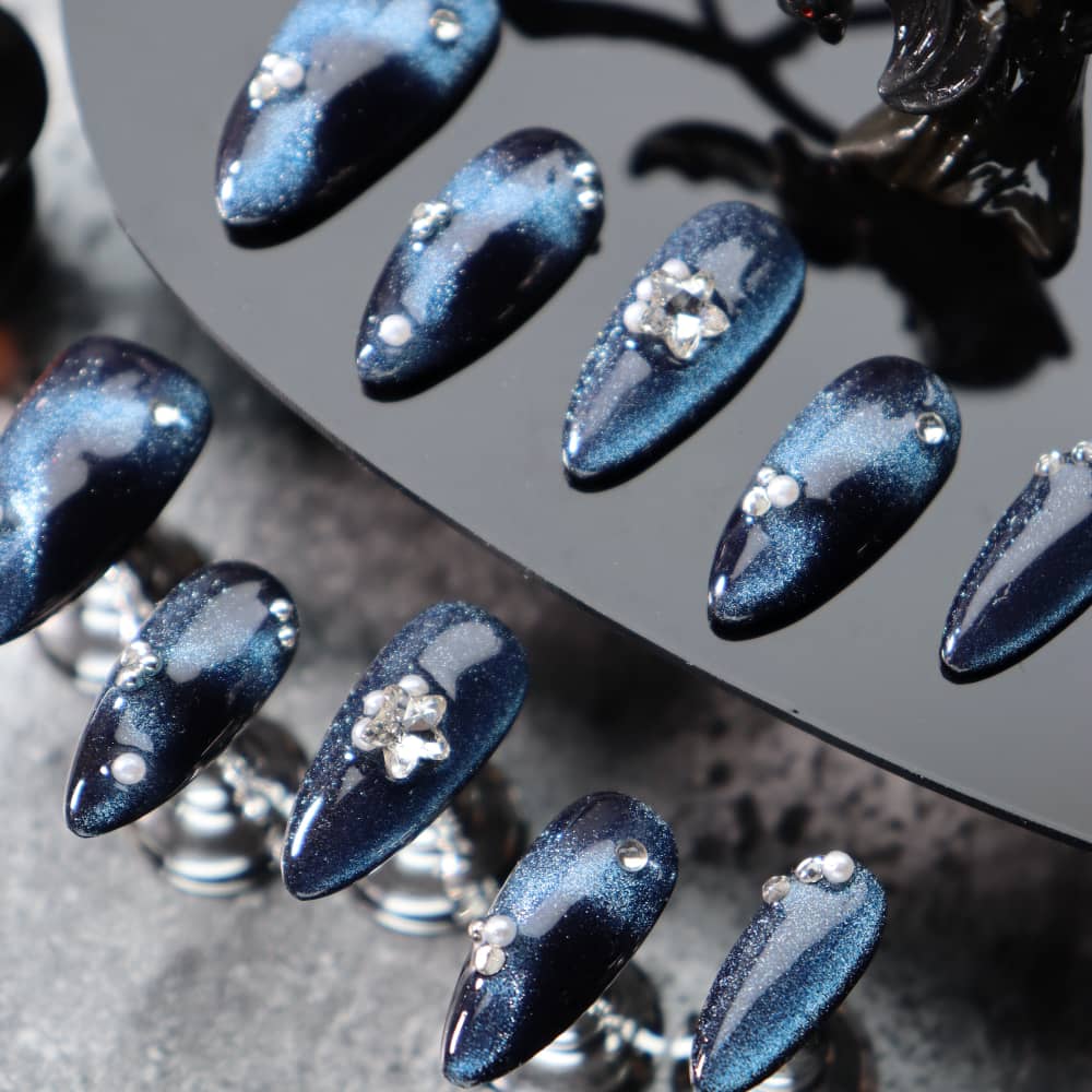 Dark Blue Cat Eye Handmade Almond Press On Nails A1096