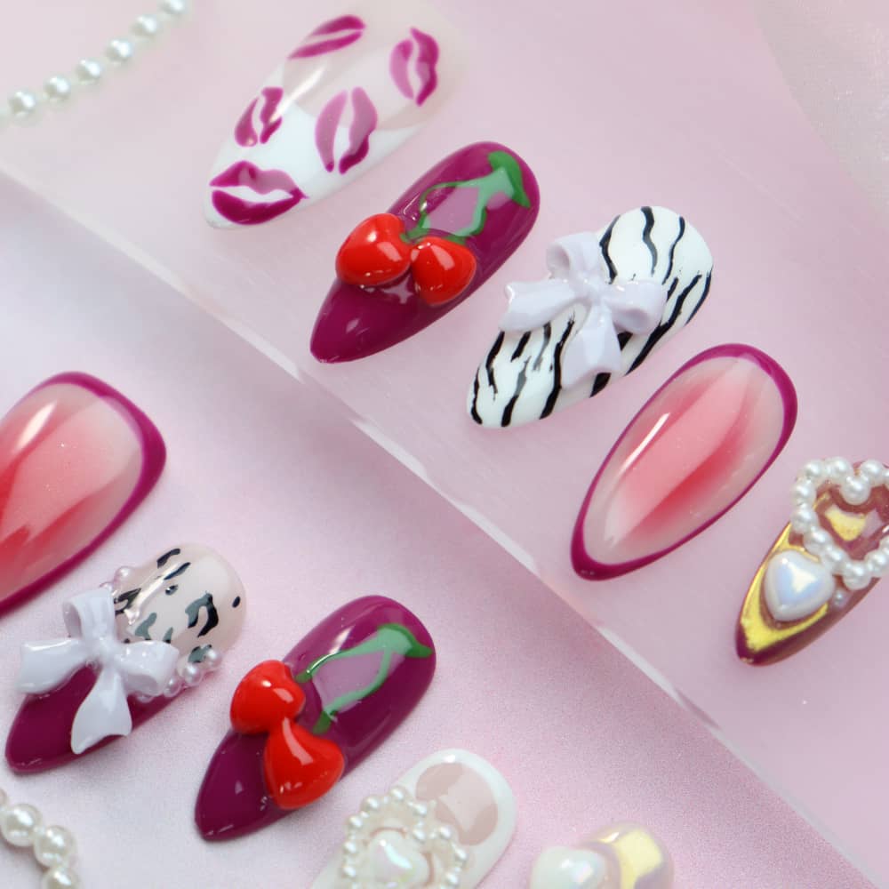 3D Cherry Lady Valentine's Day Handmade Almond Press On Nails A1170