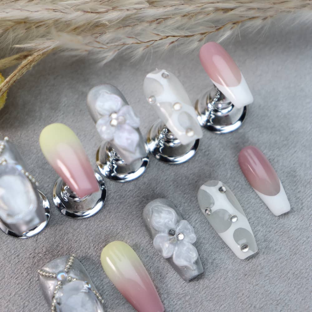 Happy wedding Rhinestones Handmade Coffin Press On Nails A1082