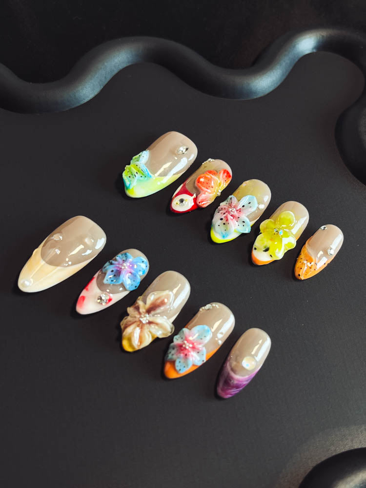 Hibiscus Floral 3D Handmade Almond  Nails DLT111 - NoirNail