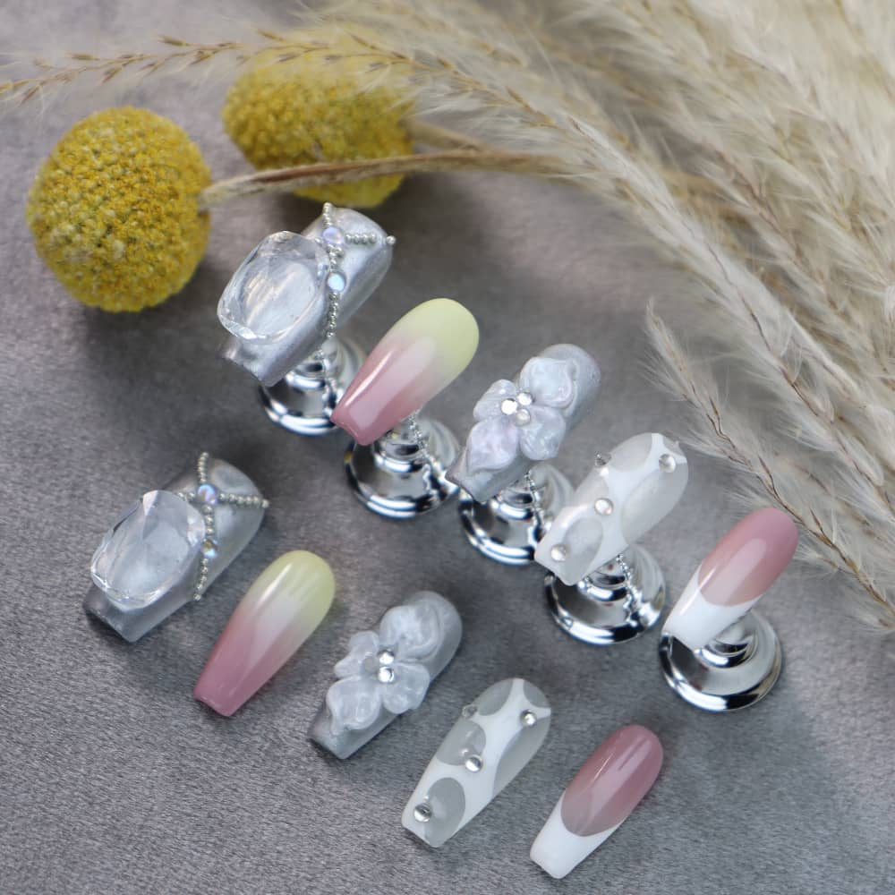 Happy wedding Rhinestones Handmade Coffin Press On Nails A1082