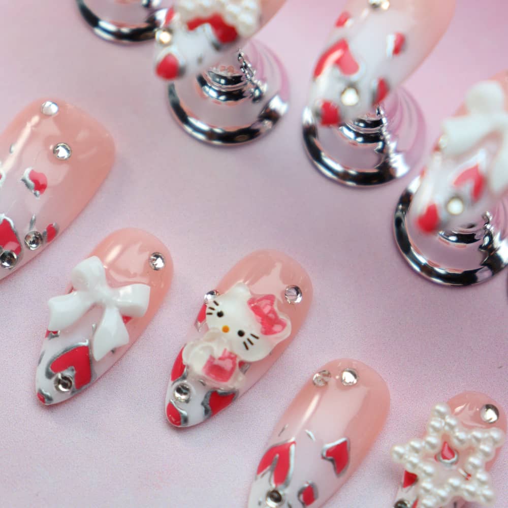Heart Shape Deep French Hello Kitty Handmade Almond Press On Nails A965
