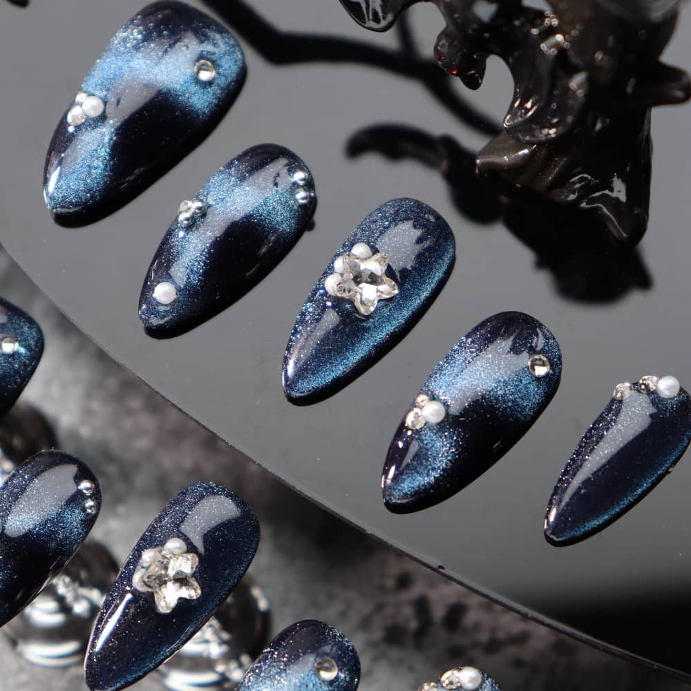 Dark Blue Cat Eye Handmade Almond Press On Nails A1096