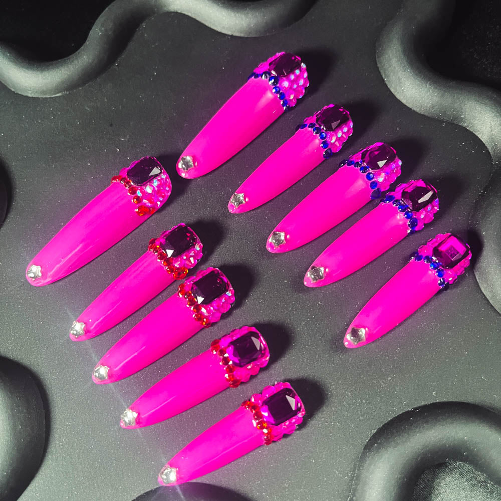 Pink Universe Rhinestone Handmade  Stiletto Nails OM1186 - NoirNail