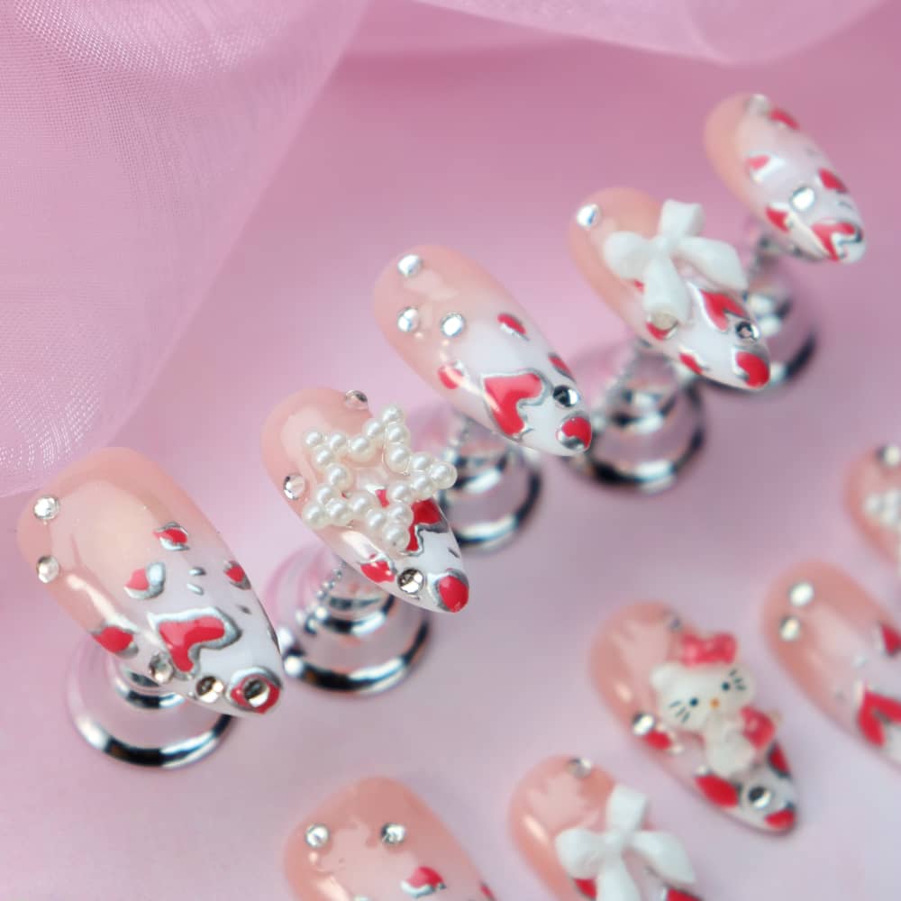 Heart Shape Deep French Hello Kitty Handmade Almond Press On Nails A965