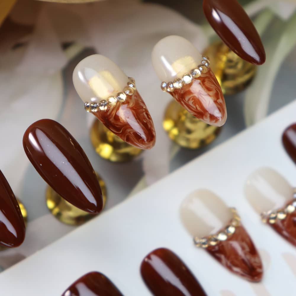 Baguette Maillard French Tip Handmade Almond Press On Nails A1121