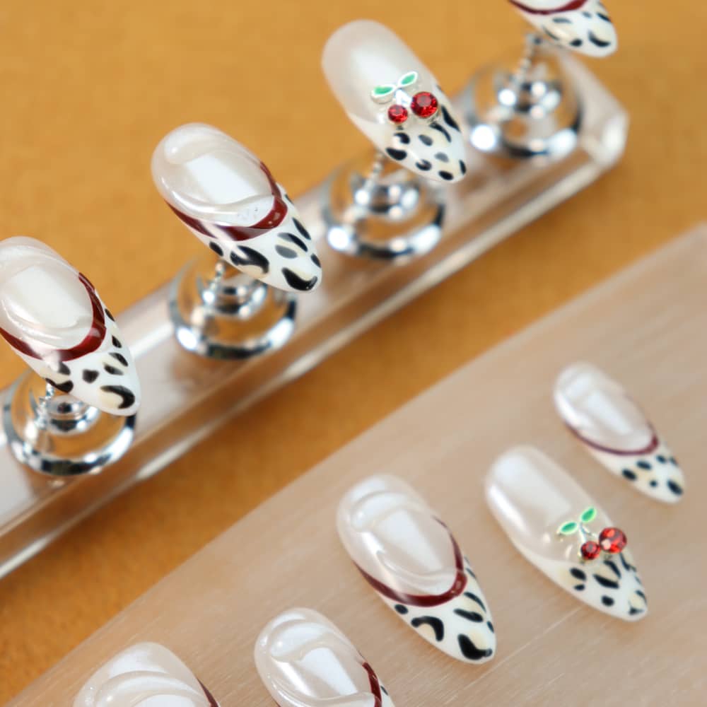 French Cherry Cheetah Cub Handmade Almond Press On Nails A1071