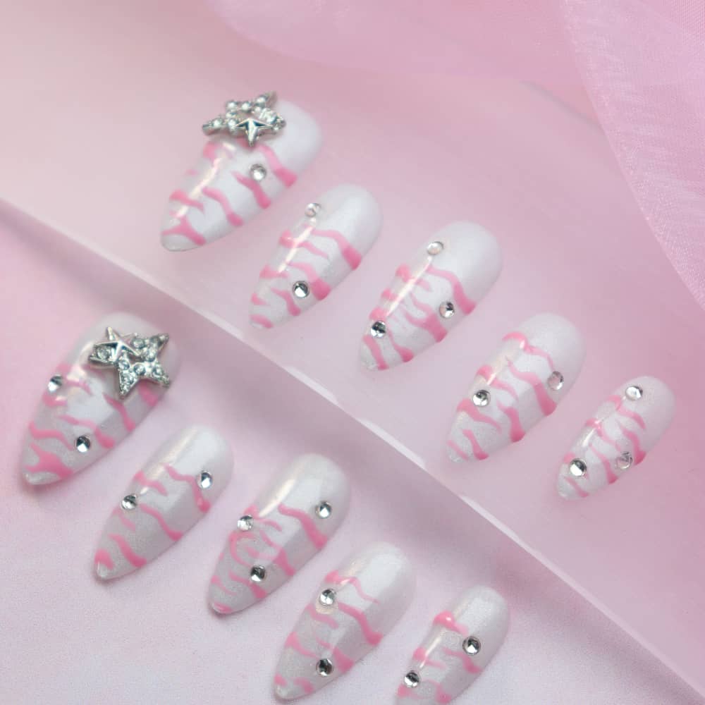 Hollow Star Zebra Pattern Handmade Almond Press on Nails A1205