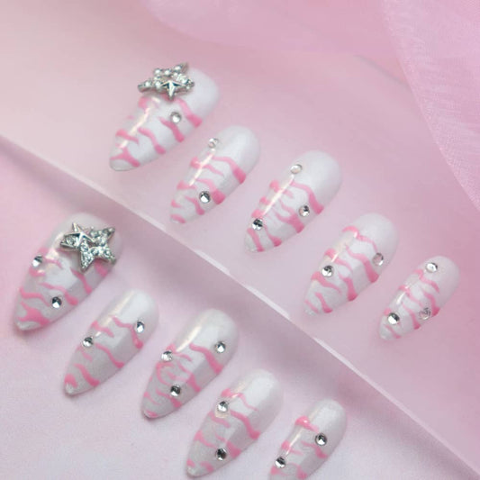 Hollow Star Zebra Pattern Handmade Almond Press on Nails A1205