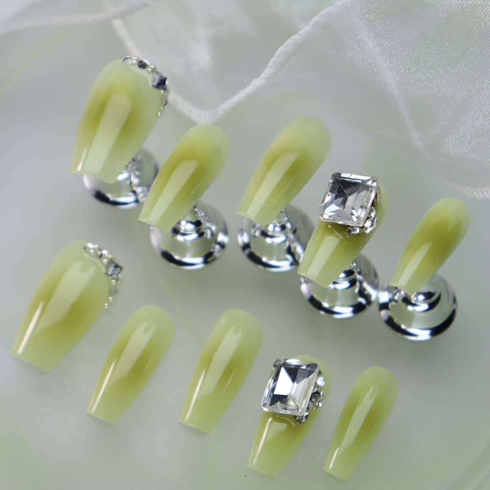 Peppermint Mambo Lime Rhinestones Handmade Almond Press On Nails P10