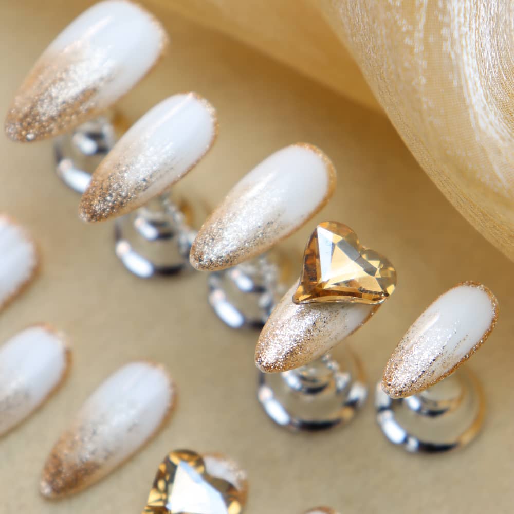 Champagne Party Rhinestones Handmade Almond Press On Nails A1178