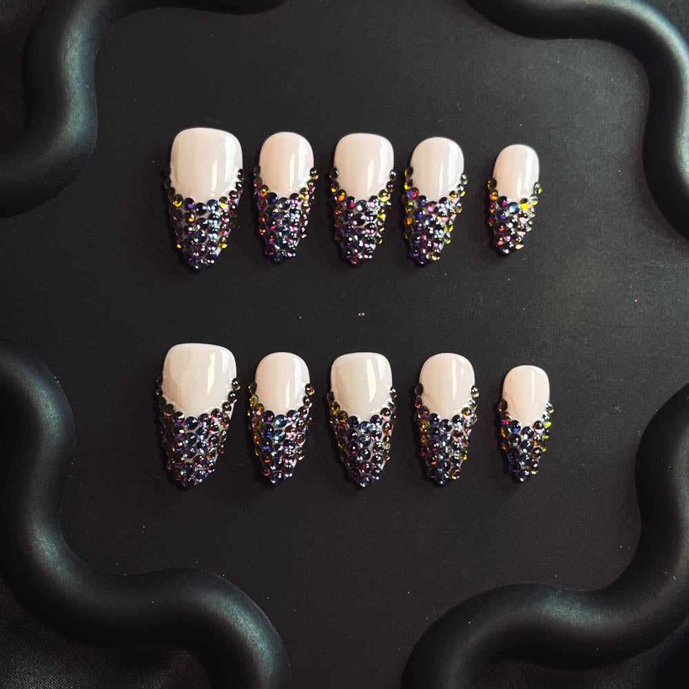 Black Rhinestones French tip Handmade Almond  Nails XZ1015 - NoirNail