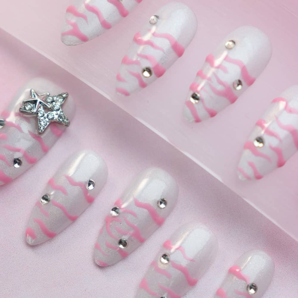 Hollow Star Zebra Pattern Handmade Almond Press on Nails A1205